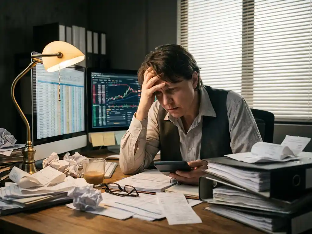 Frustrated accountant at cluttered desk with calculator, surrounded by trading documents and financial spreadsheets on computer screens.