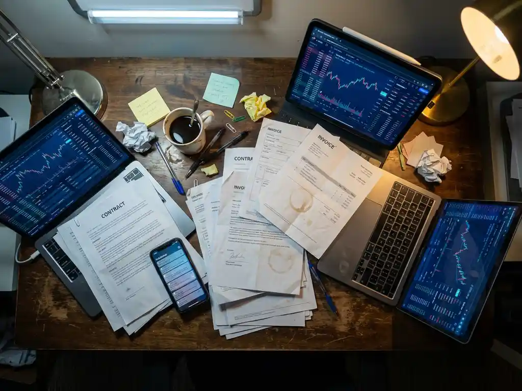 Scrivania caotica di un trader dall'alto con contratti sparsi, schermi di laptop multipli, tazza di caffè traboccante e scartoffie