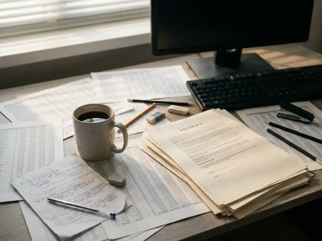 Cluttered desk with printed spreadsheets, handwritten correction notes, and a cold coffee cup resting on stacked paper contracts in diffused daylight.