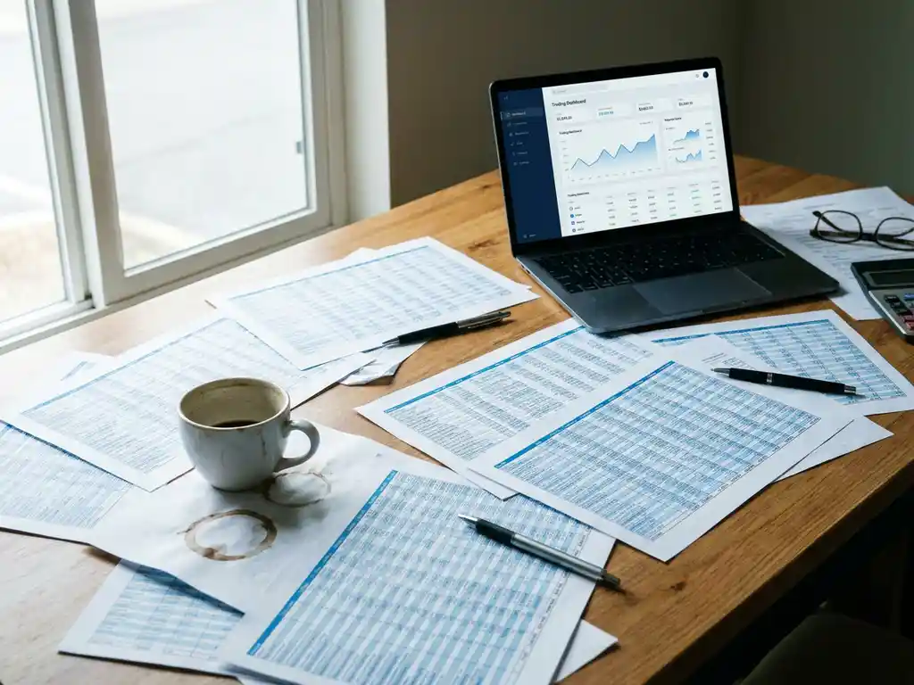 Cluttered desk with printed spreadsheets, a coffee ring stain, and a modern laptop displaying a clean trading dashboard in soft daylight.