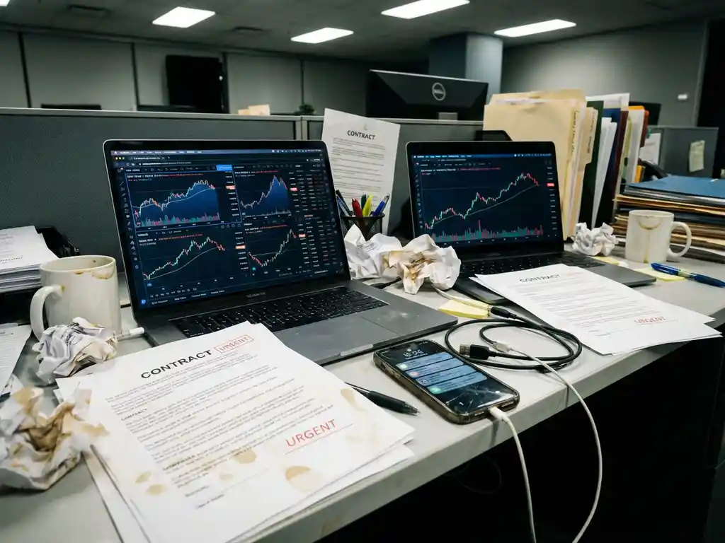 Cluttered office desk with scattered papers, multiple laptop screens showing trading dashboards, and tangled cables
