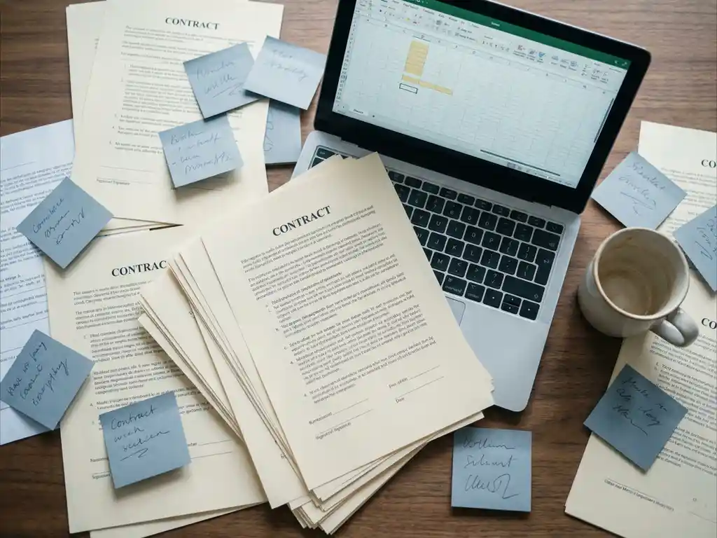 Cluttered trading desk with open laptop showing spreadsheet, surrounded by printed contracts, sticky notes, and cold coffee cup.