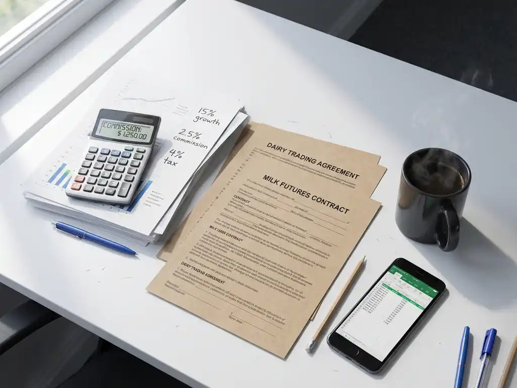 Overhead view of modern office desk with financial documents, calculator showing commission figures, dairy trading contracts, coffee mug and smartphone displaying spreadsheet app