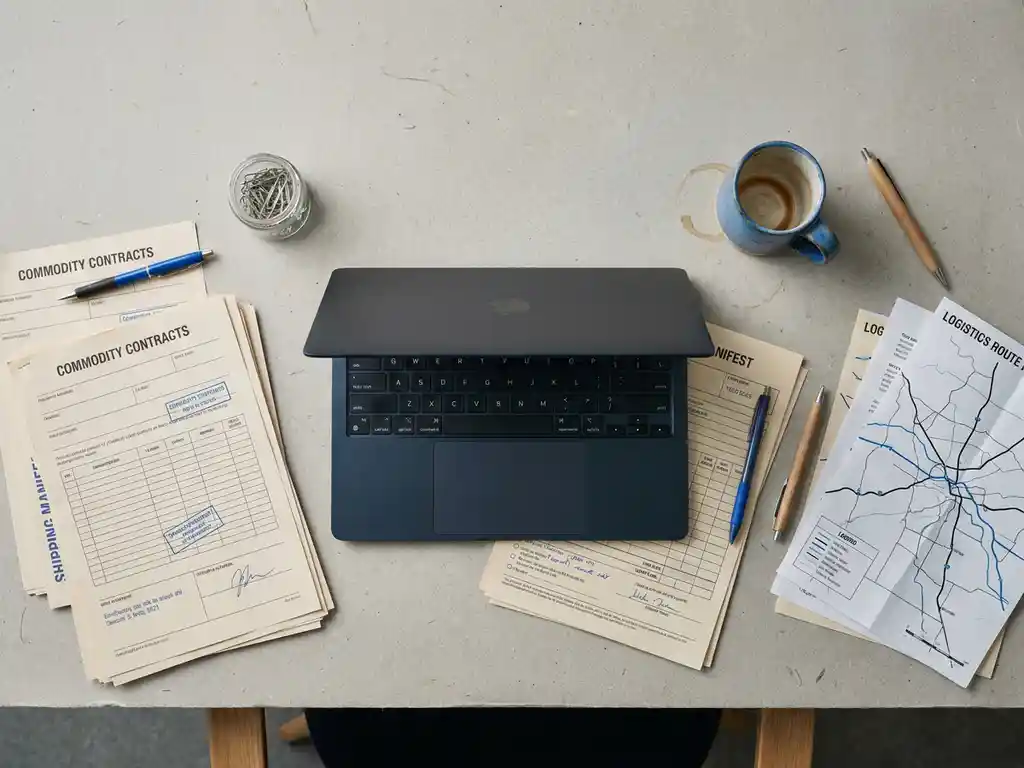 Overhead flat lay of commodity contracts, shipping manifest, and logistics route map arranged around a laptop and ceramic coffee mug on a clean white desk.