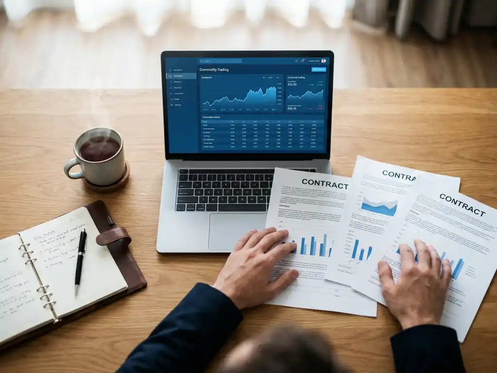 Trader's hands over a flat-lay desk with printed contracts, steaming coffee, notebook, and laptop showing a commodity dashboard.