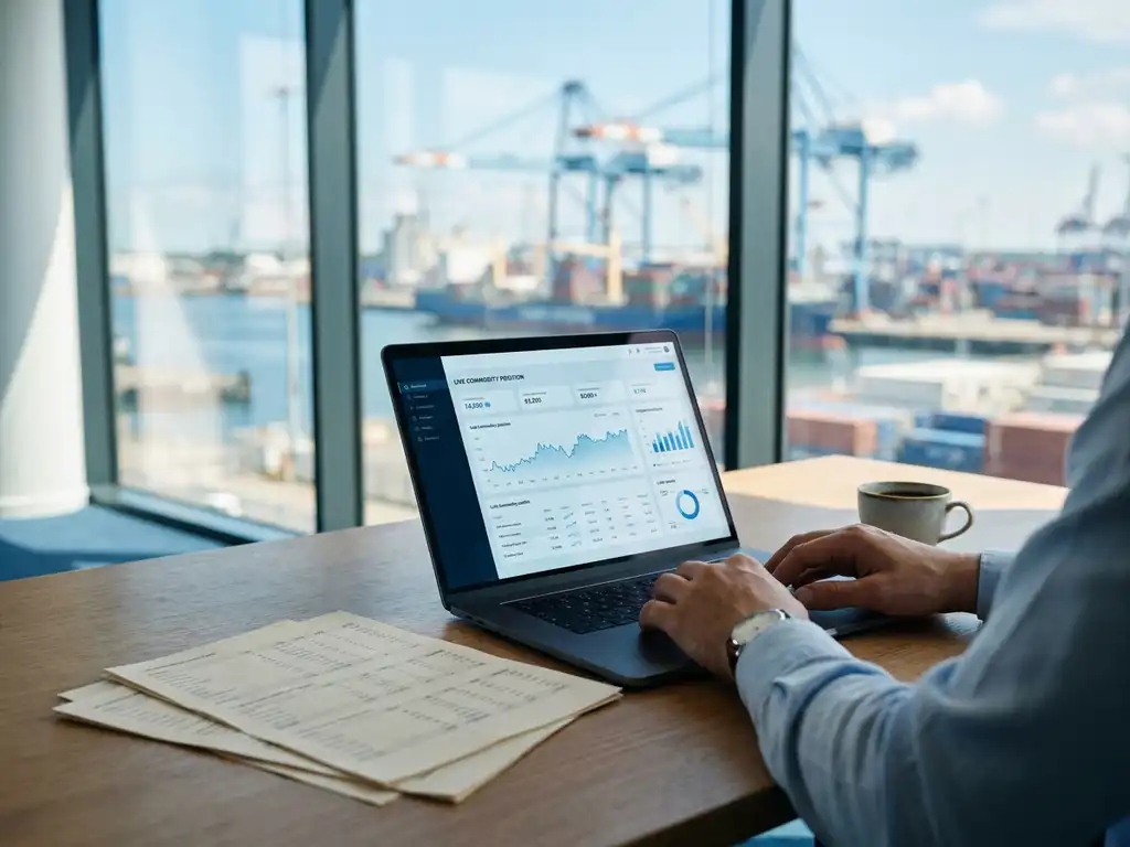 Commodity trader reviewing live position dashboard on laptop with contract printouts and coffee, industrial harbour visible through office windows.