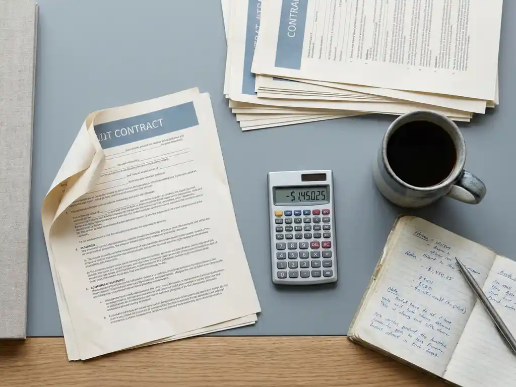 Mesa de operaciones de materias primas con página de contrato con las esquinas dobladas, calculadora mostrando cifra negativa, taza de café fría y cuaderno abierto a la luz del día.
