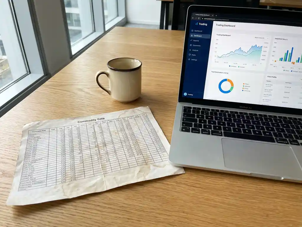 Worn printed Excel spreadsheet with commodity data beside an open laptop showing a trading dashboard on a light oak desk with coffee cup.
