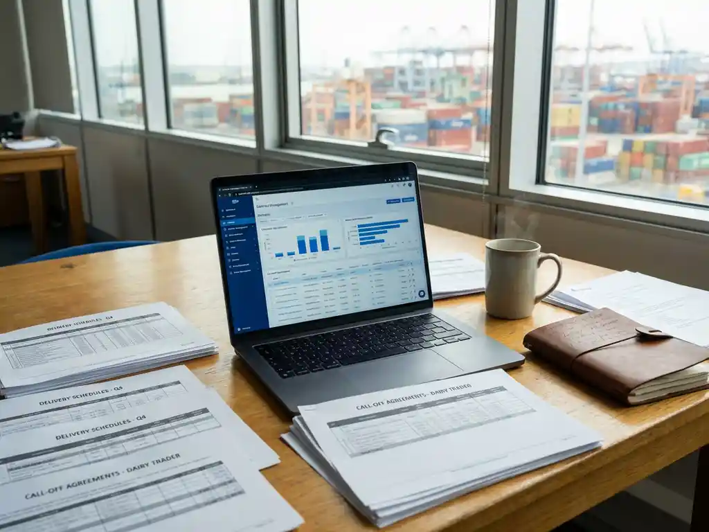 Portátil mostrando paneles de gestión de contratos en escritorio de madera con documentos de entrega, taza de café y vista al puerto