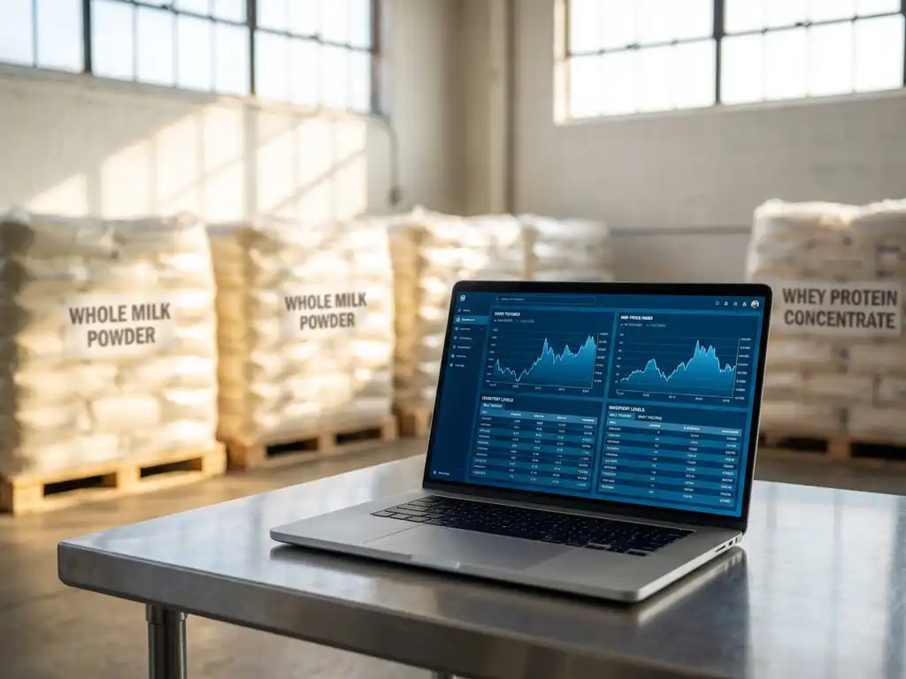Laptop displaying dairy commodity tracking dashboard with real-time price charts on industrial desk in warehouse with milk powder bags
