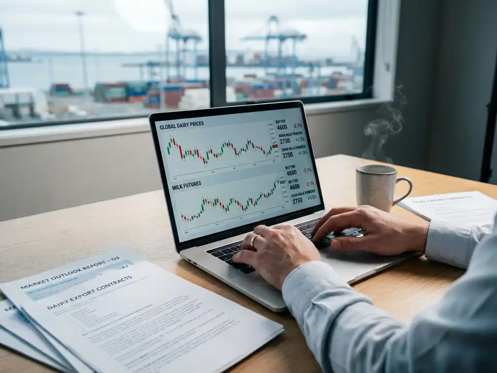 Professional trader analyzing live dairy commodity price charts on laptop with market reports on modern desk near harbor window.