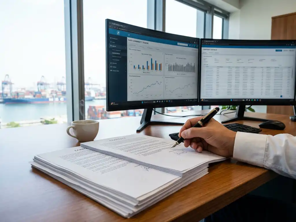 Professional reviewing dairy commodity trading contracts at modern office desk with dual monitors and harbor view