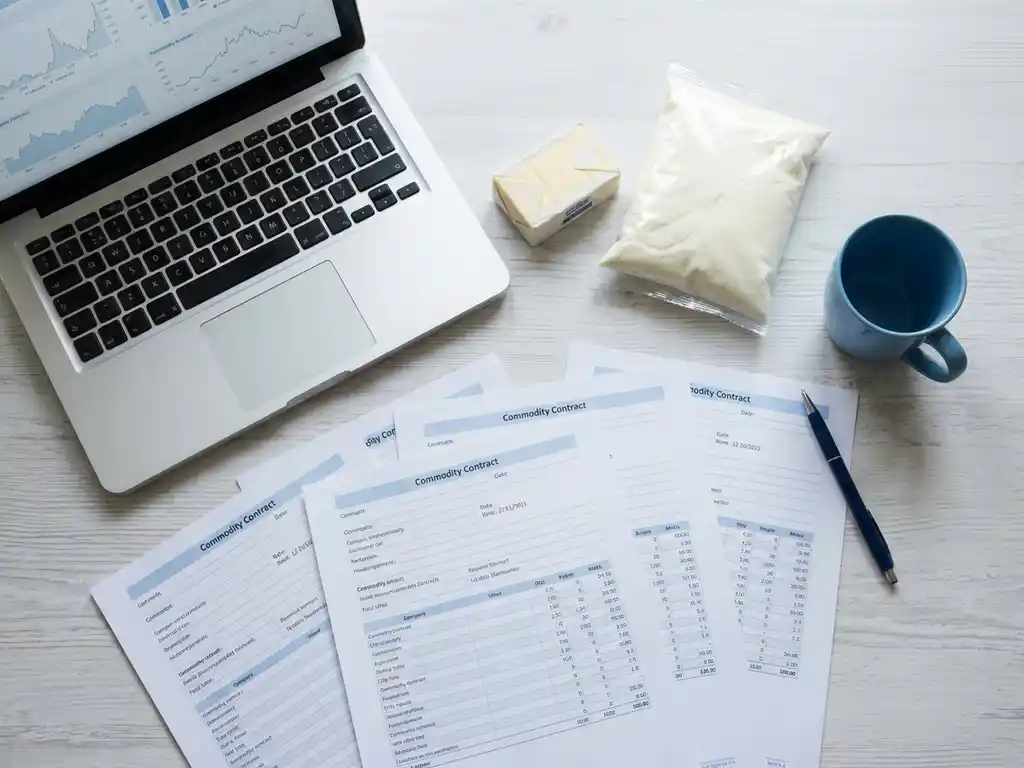 Flat lay of a trader's desk with printed commodity contracts, butter block, milk powder bag, laptop, coffee mug, and pen on a white surface.