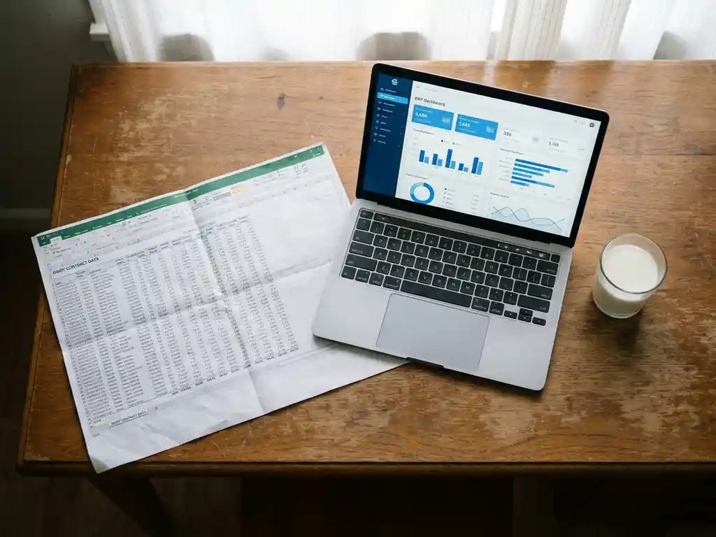 Printed dairy contract spreadsheet beside an open laptop displaying an ERP dashboard, with a glass of milk on a wooden desk.