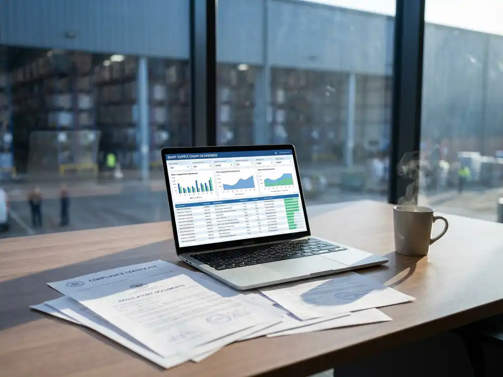 Laptop displaying dairy supply chain dashboard on office desk with compliance documents and coffee mug, warehouse visible through windows
