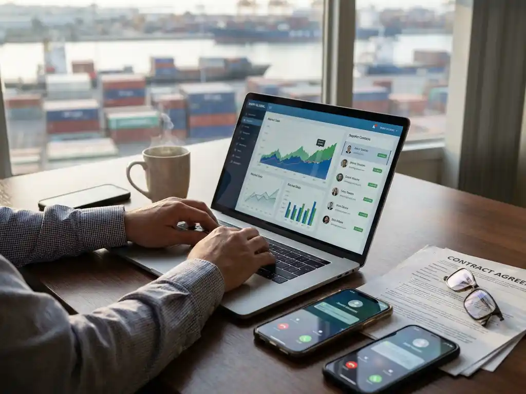 Dairy trader typing on laptop displaying market data charts at wooden desk with smartphones, coffee, and contracts near port window