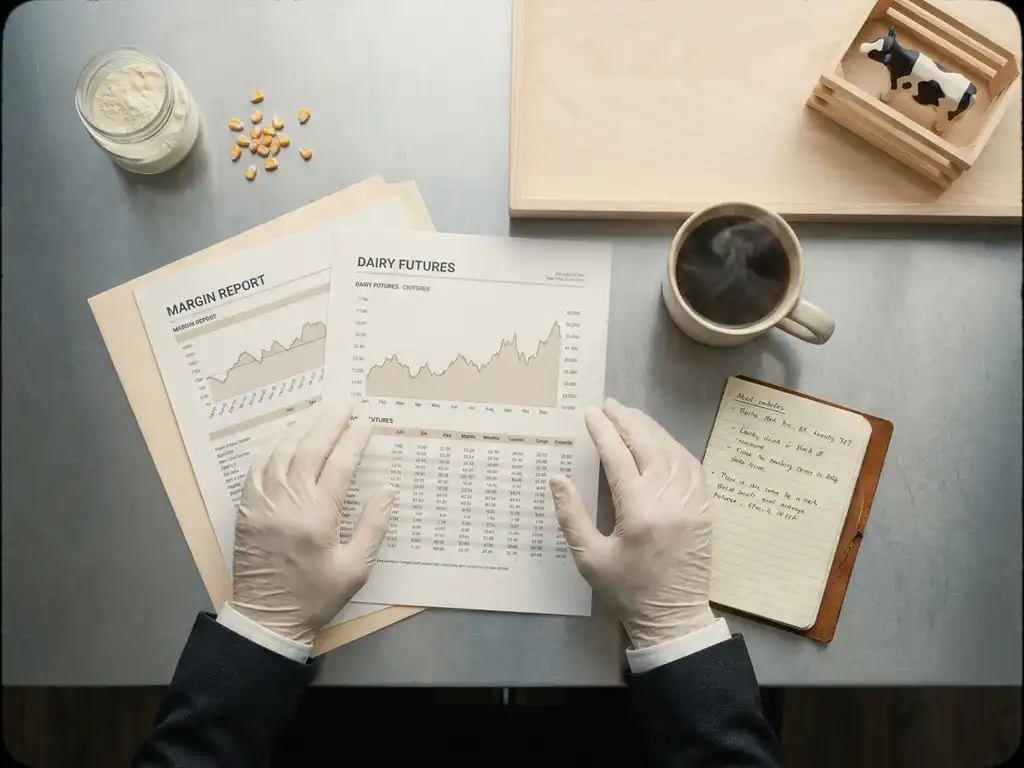 Trader's hands reviewing printed margin reports on a clean desk with steaming coffee, notebook, and dairy commodity references in cool grey tones.