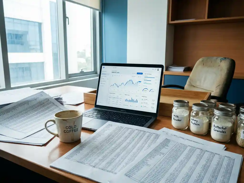 Cluttered desk with printed spreadsheet pages and cold coffee beside a laptop showing a real-time trading dashboard, bulk dairy ingredient samples nearby.
