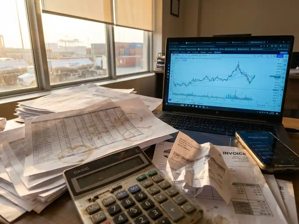 Cluttered office desk with scattered Excel spreadsheets, laptop showing dairy trading data, calculator under invoices, port view