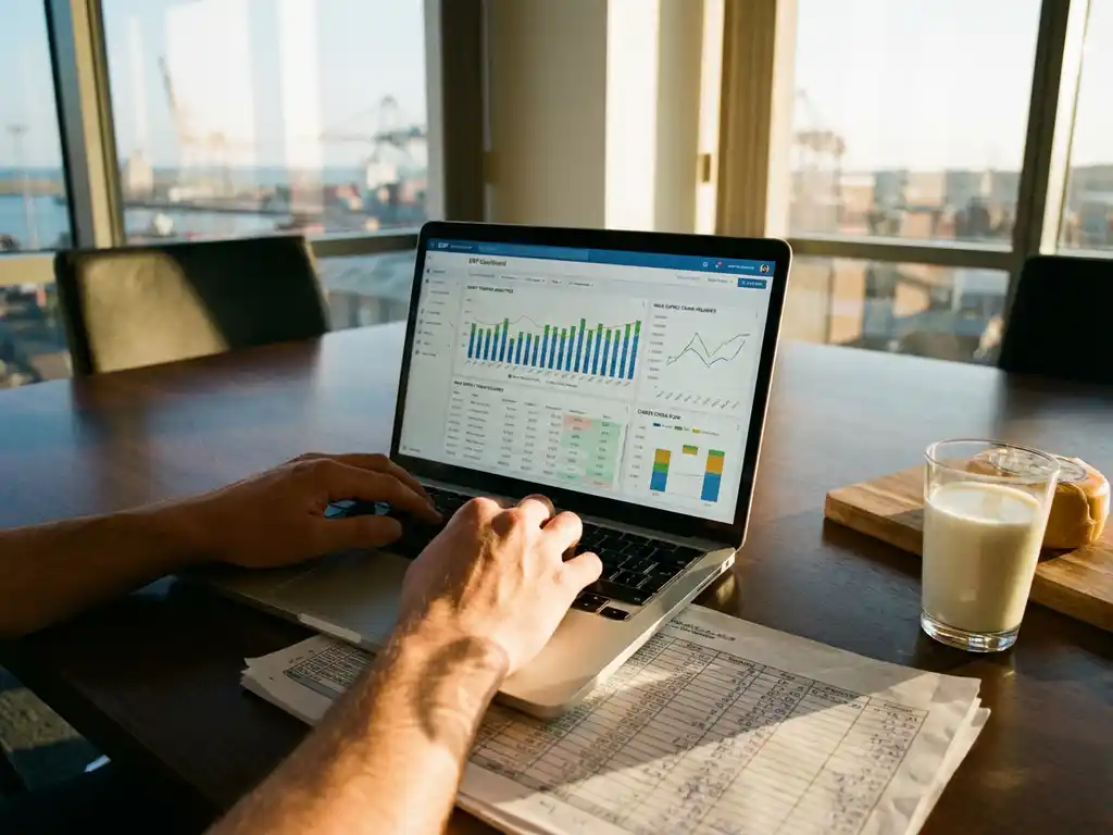 Laptop displaying ERP dairy trading dashboard on wooden desk with milk glass, cheese wheel, and scattered documents in sunlit office