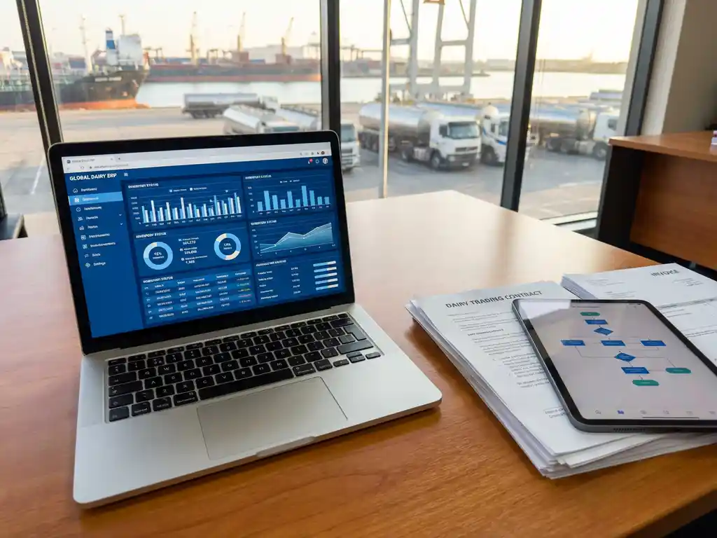 Laptop displaying industrial ERP dashboard on desk with dairy trading contracts, tablet showing manufacturing charts, port view
