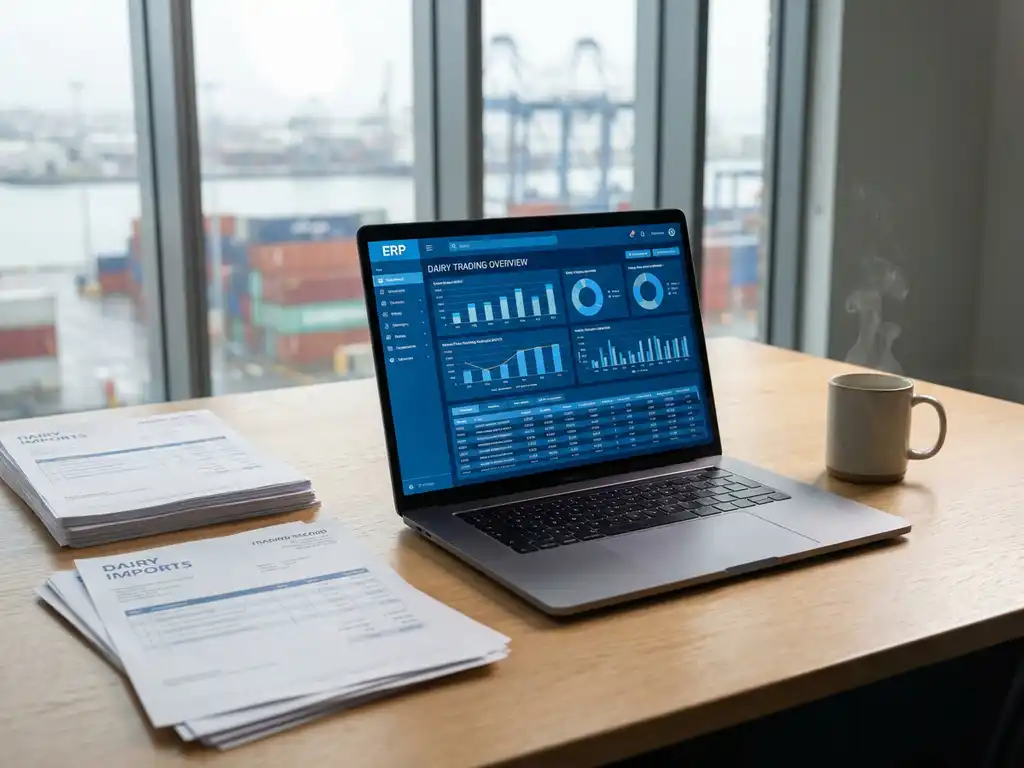 Laptop displaying ERP dashboard on wooden desk with dairy trading documents, coffee cup, and harbor view through office windows