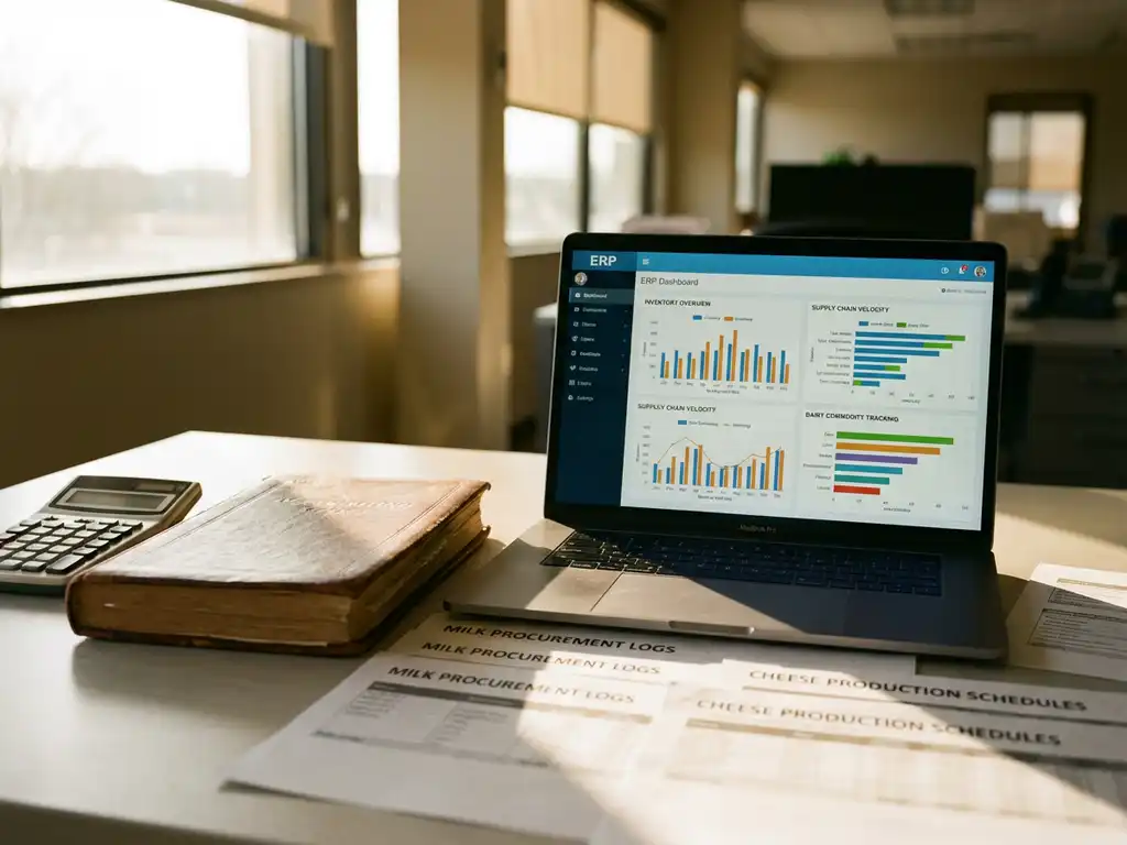 Laptop mostrando un tablero ERP con gráficos de inventario en un escritorio de oficina junto a un libro mayor de contabilidad y una calculadora en un espacio de trabajo iluminado por el sol.