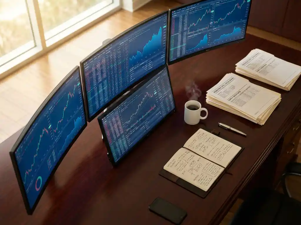 Modern executive mahogany desk with trading monitors displaying market data, coffee mug, documents, and notebook in sunlit office