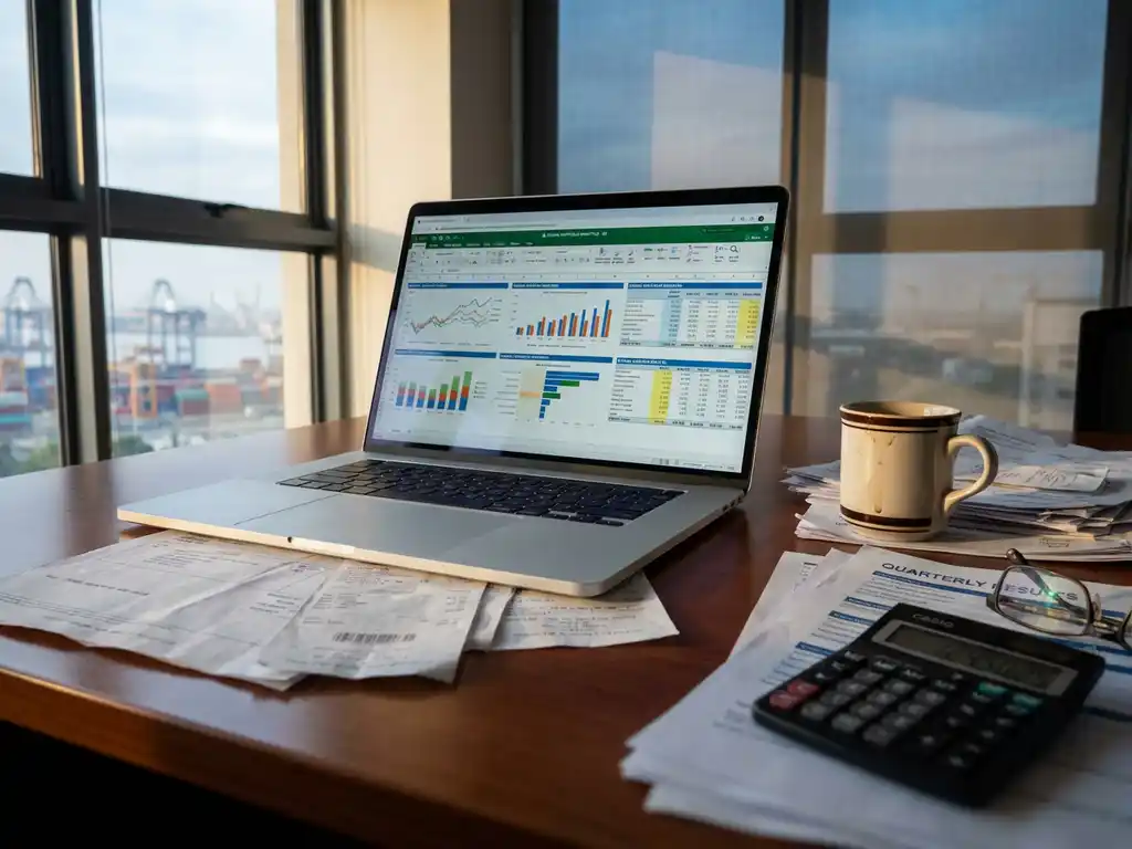 Laptop displaying financial dashboard with spreadsheets and charts on wooden desk surrounded by scattered documents and coffee cup