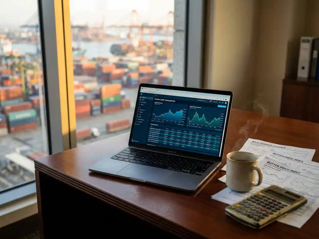Un ordenador portátil en el que se ve un panel de control financiero con gráficos de precios, situado sobre un escritorio de madera junto a informes sobre materias primas, una calculadora y una taza de café en una oficina.