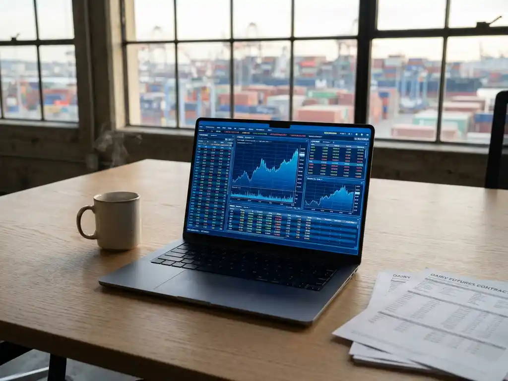 Laptop displaying financial dashboard with market charts on wooden desk next to coffee cup and trading documents in office