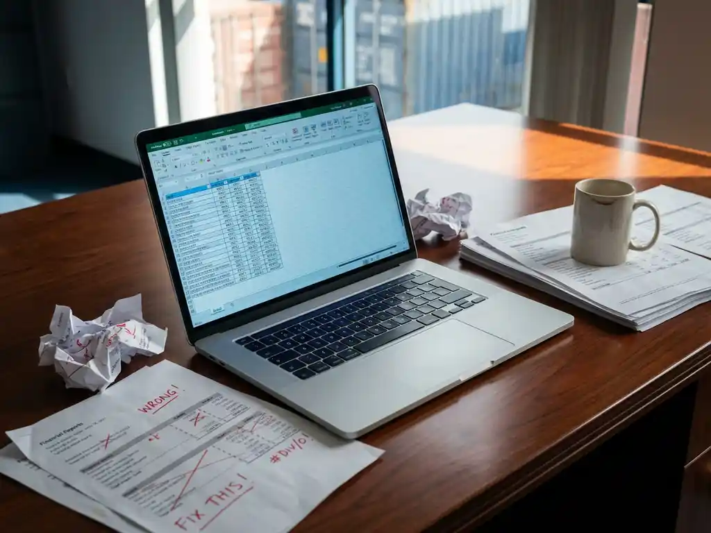 Laptop displaying spreadsheet with calculation errors on wooden desk surrounded by crumpled papers with corrections