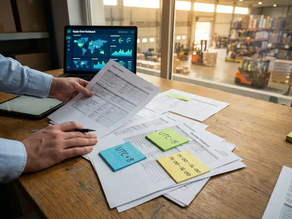 Coordonnateur logistique organisant les horaires de livraison et les documents d'expédition sur un bureau en chêne avec un ordinateur portable affichant un tableau de bord de la chaîne d'approvisionnement