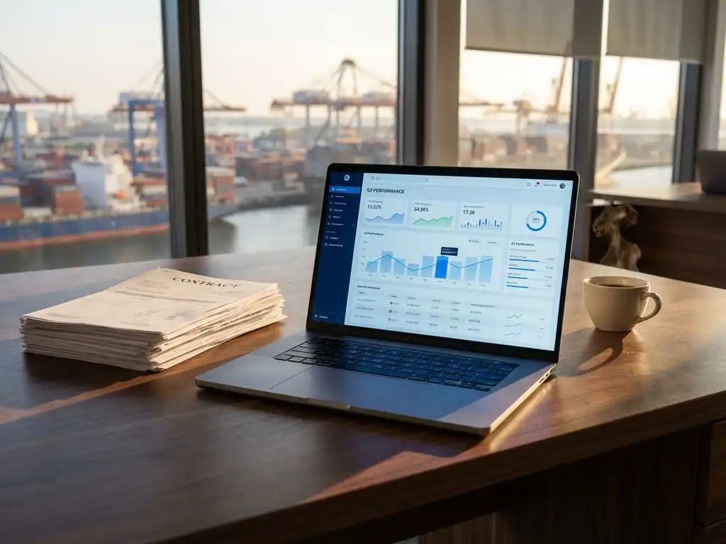 Modern laptop with dashboard interface on wooden desk beside paper contracts, coffee cup, with industrial port view through office windows