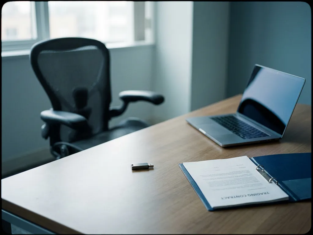Cleared office desk with forgotten USB drive, open trading contract binder, empty ergonomic chair, and dormant laptop casting cold blue light.