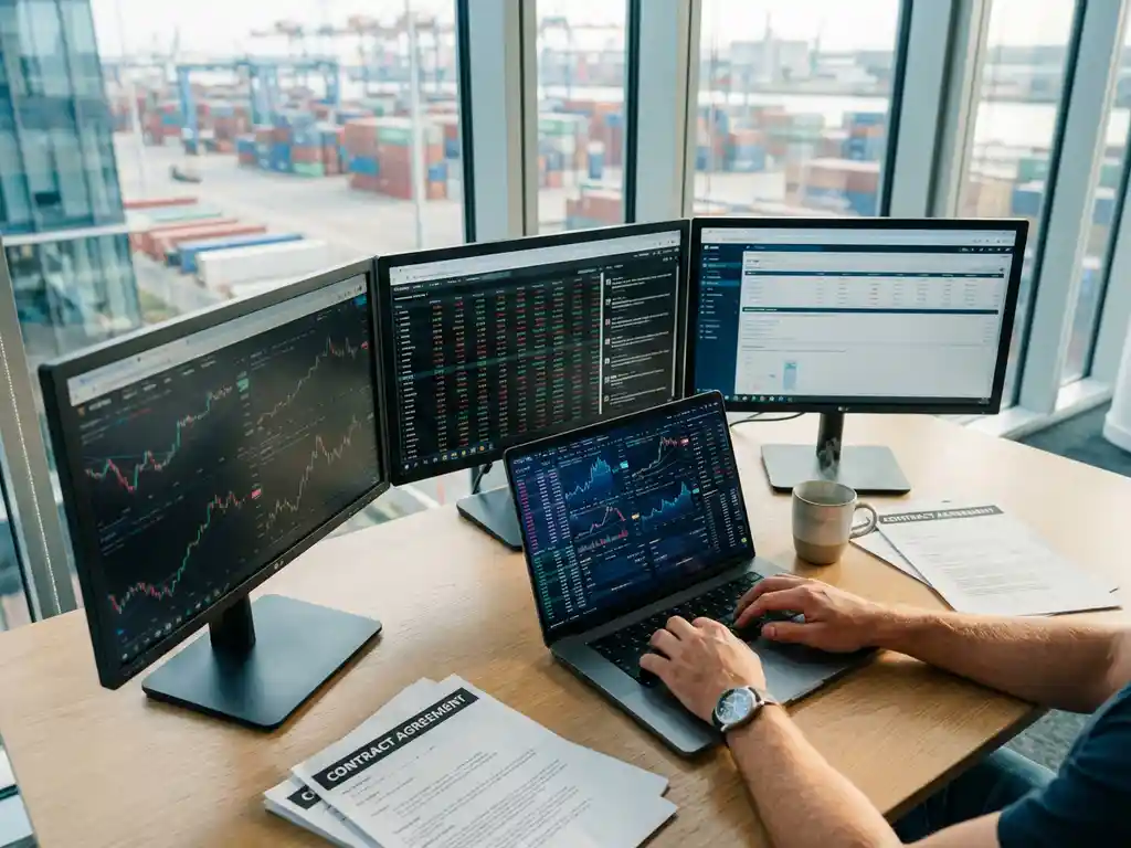Professional trader typing on laptop with multiple trading monitors displaying real-time market data and charts on modern desk