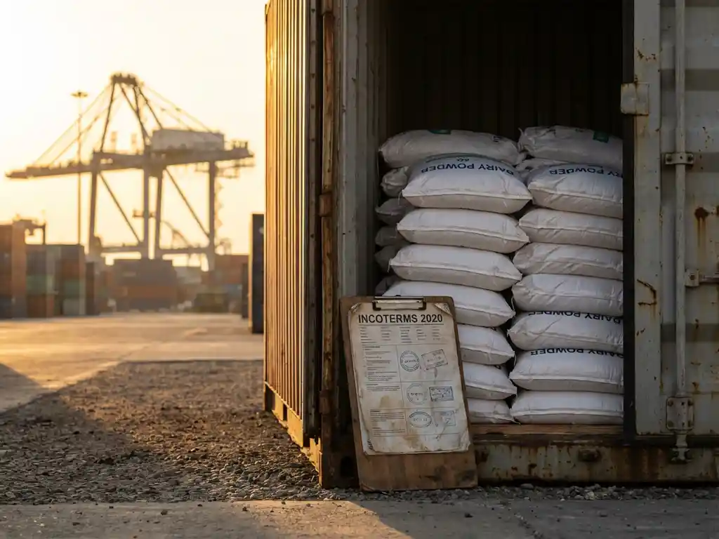 Open shipping container filled with white bags of dairy powder, Incoterms documents on clipboard, port cranes in background