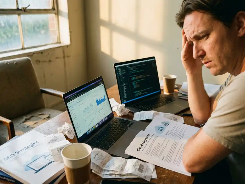 Small business owner looking overwhelmed at cluttered desk with multiple laptop screens showing complex software interfaces