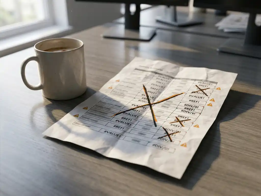 Crumpled spreadsheet printout with formula errors and crossed-out cells on a trading desk beside a cold coffee cup, soft morning light.
