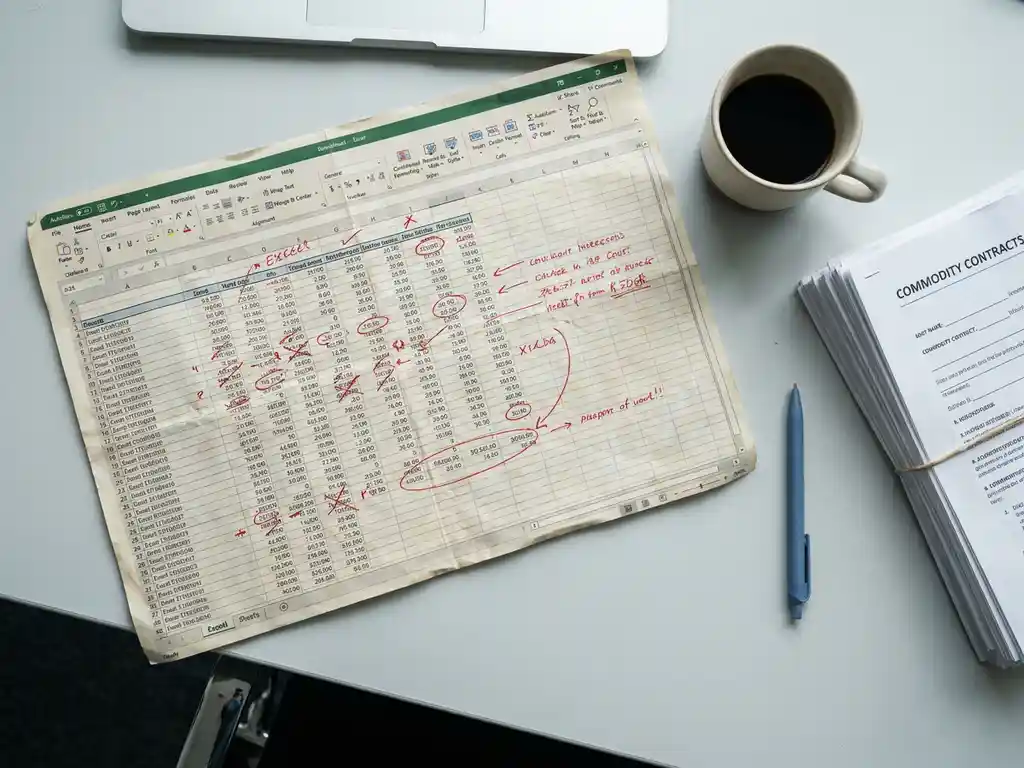 Crumpled Excel spreadsheet covered in red ink corrections on a trading desk beside an untouched coffee cup and stacked commodity contracts.