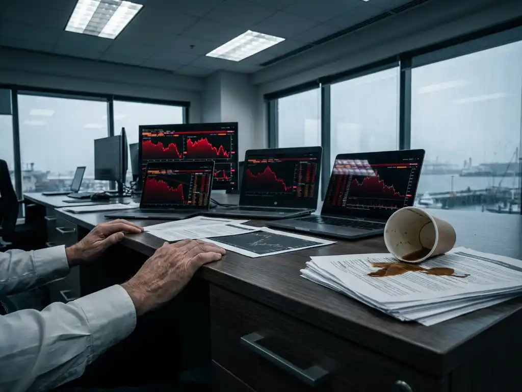 Stressed trader's hands gripping desk edge with multiple laptop screens showing declining red financial charts and spilled coffee