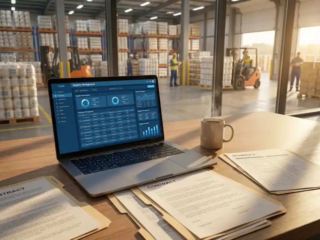 Laptop displaying supplier management dashboard on wooden desk with contracts, coffee mug, and warehouse view through windows