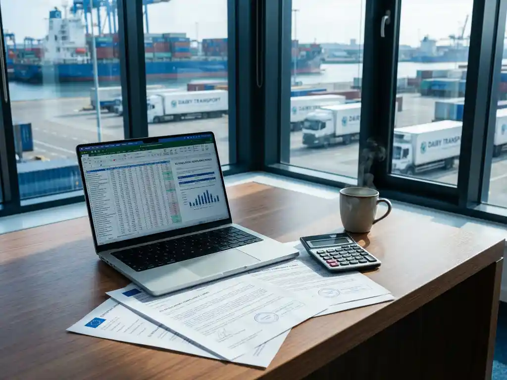 Modern office desk with laptop displaying spreadsheet data, EU regulatory documents, coffee cup, and port view through windows.