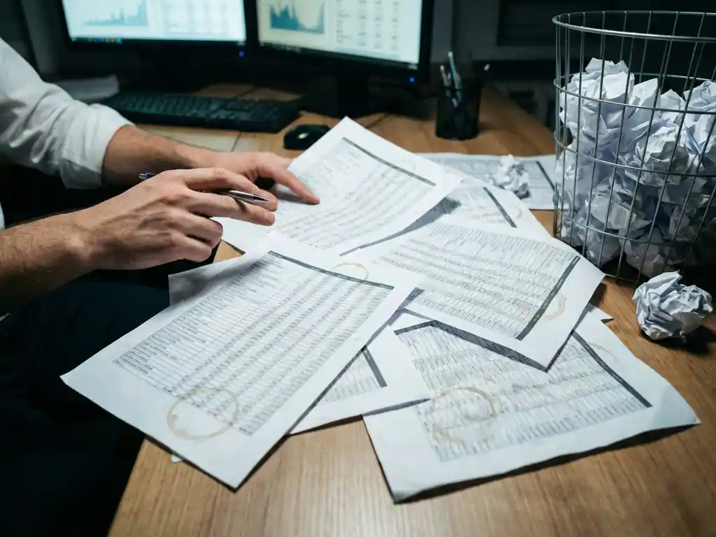 Frustrated trader's hands reaching across cluttered desk with overlapping spreadsheets and coffee stains in office workspace