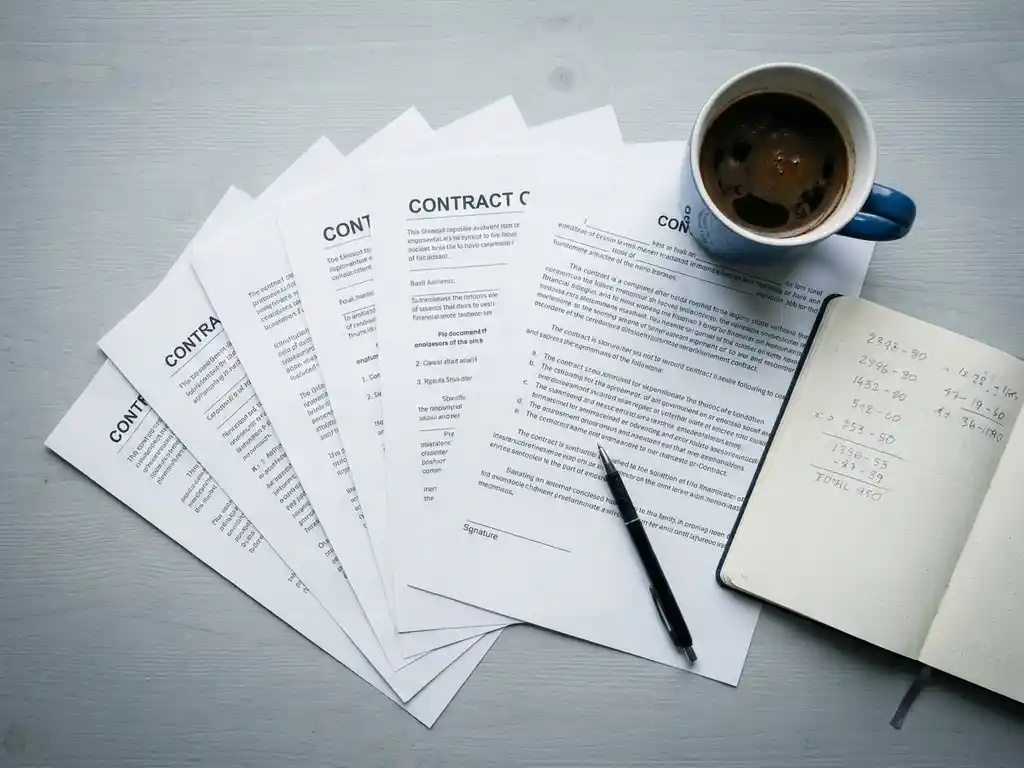 Trader's desk flat lay with fanned contracts, open notebook of handwritten figures, pen mid-signature, and blue coffee mug on grey surface.