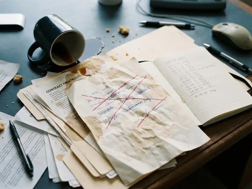 Trader's desk with spilled coffee staining contract printouts, red-crossed handwritten calculations, and an open notebook showing conflicting order numbers.