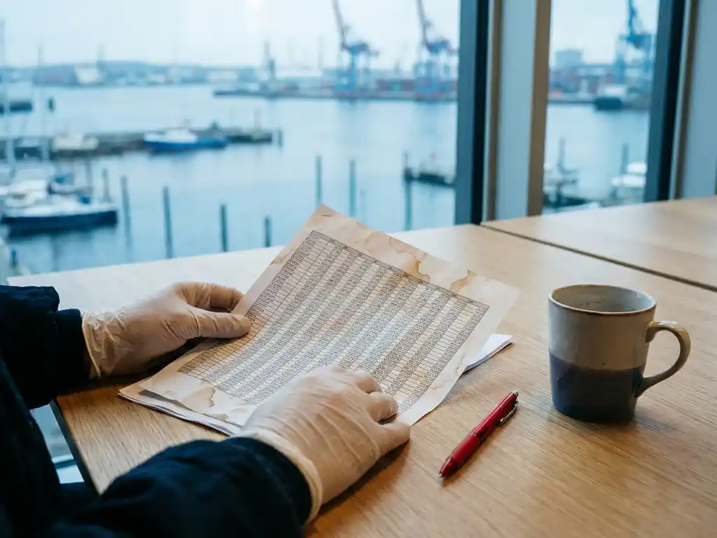 Trader's hands hovering over a dense numerical spreadsheet beside a red pen and cold coffee cup, bathed in cool harbour window light.