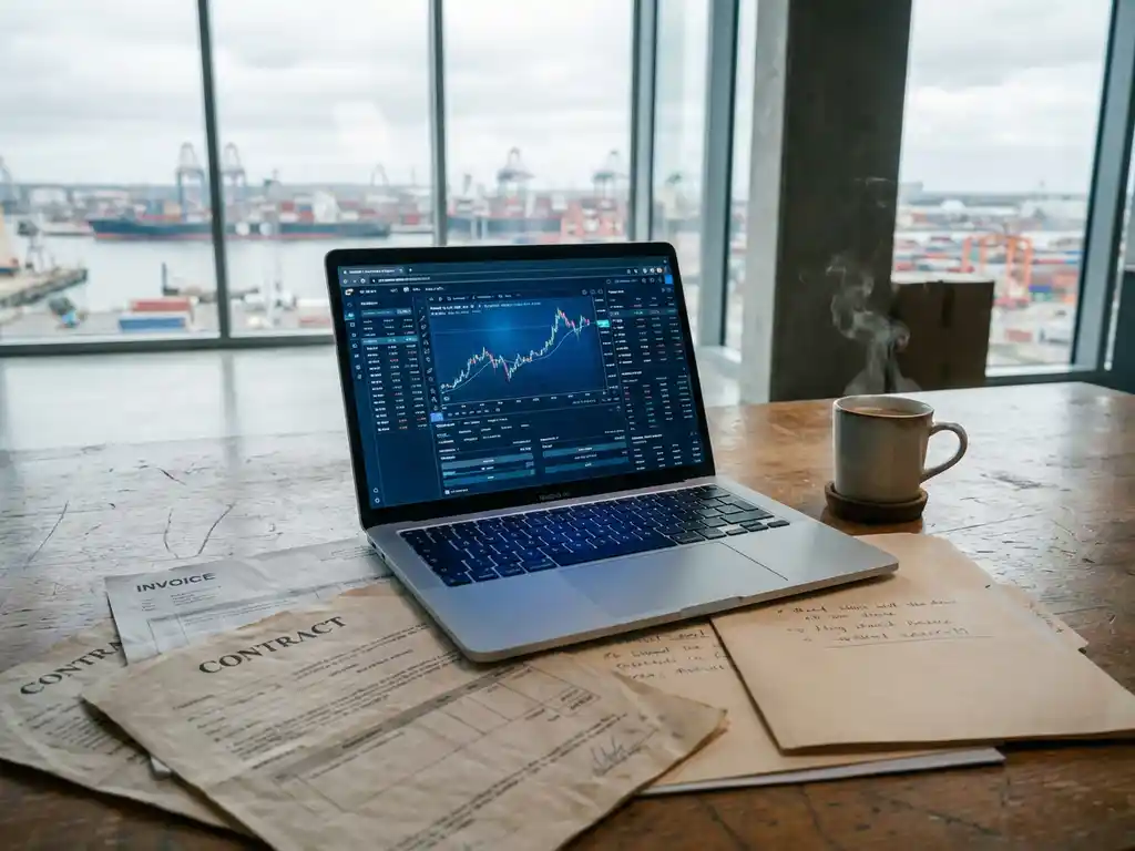 Laptop displaying trading dashboard software on wooden desk with paper contracts, coffee cup, and office window overlooking port.