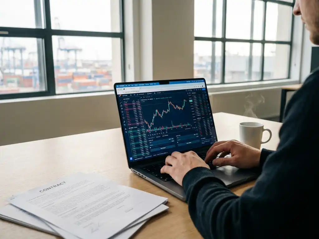 Trader's hands typing on laptop displaying financial trading dashboard with charts beside coffee mug and documents on desk