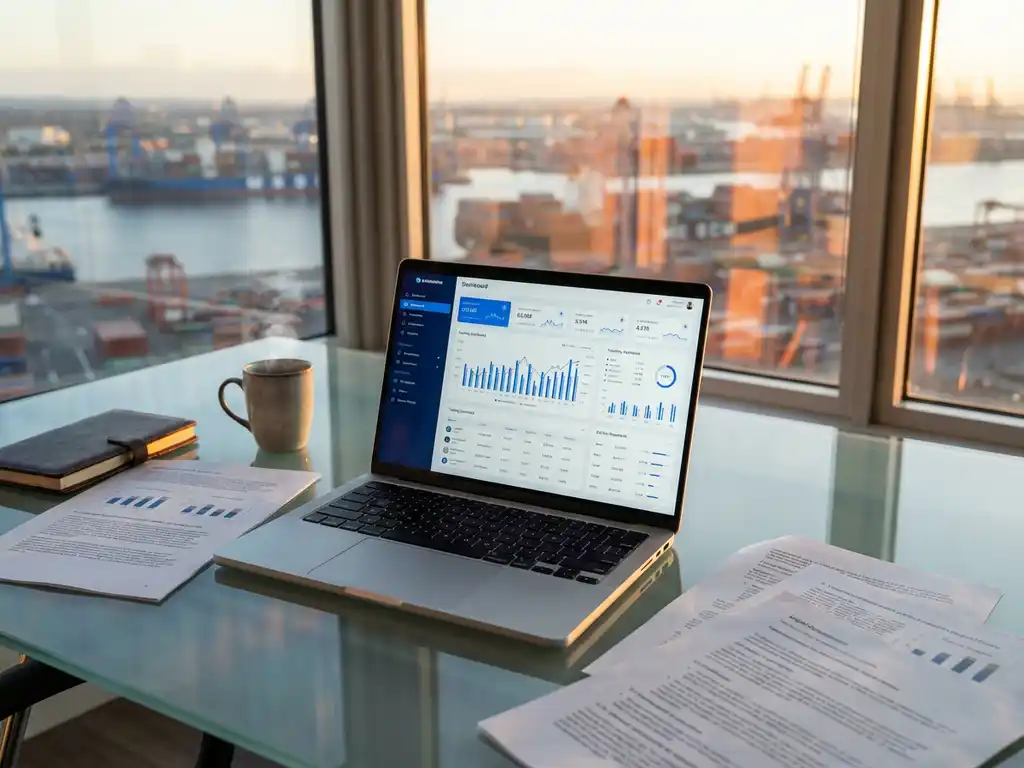 Laptop displaying trading dashboard with market charts on glass desk, commodity reports scattered nearby, port view through windows